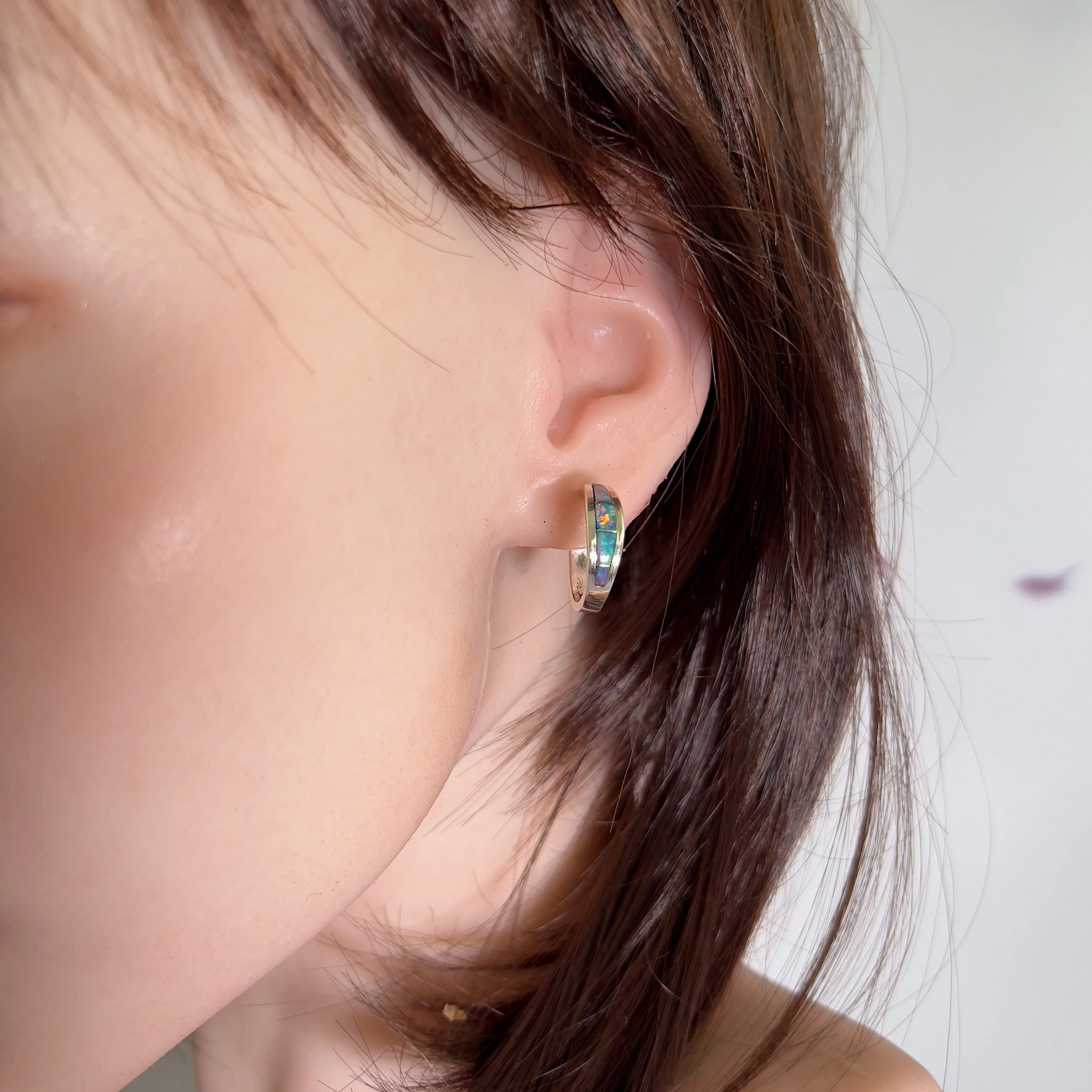 Sterling Silver Hoop style Opal inlay earrings