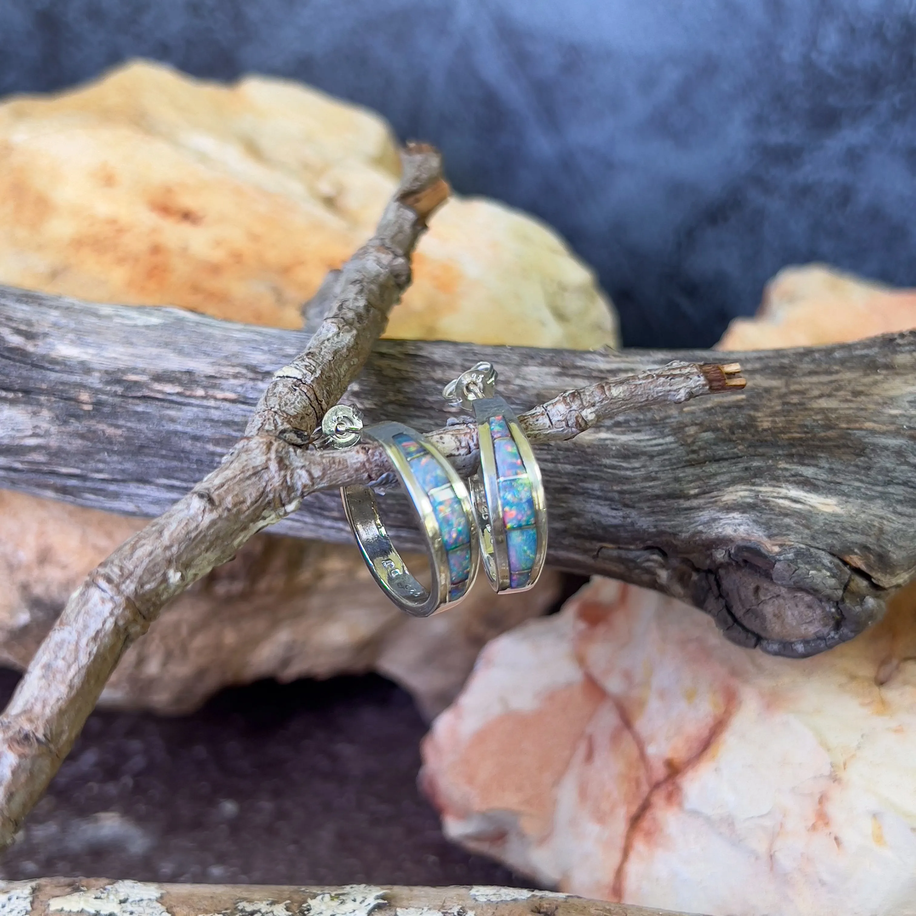 Sterling Silver Hoop style Opal inlay earrings