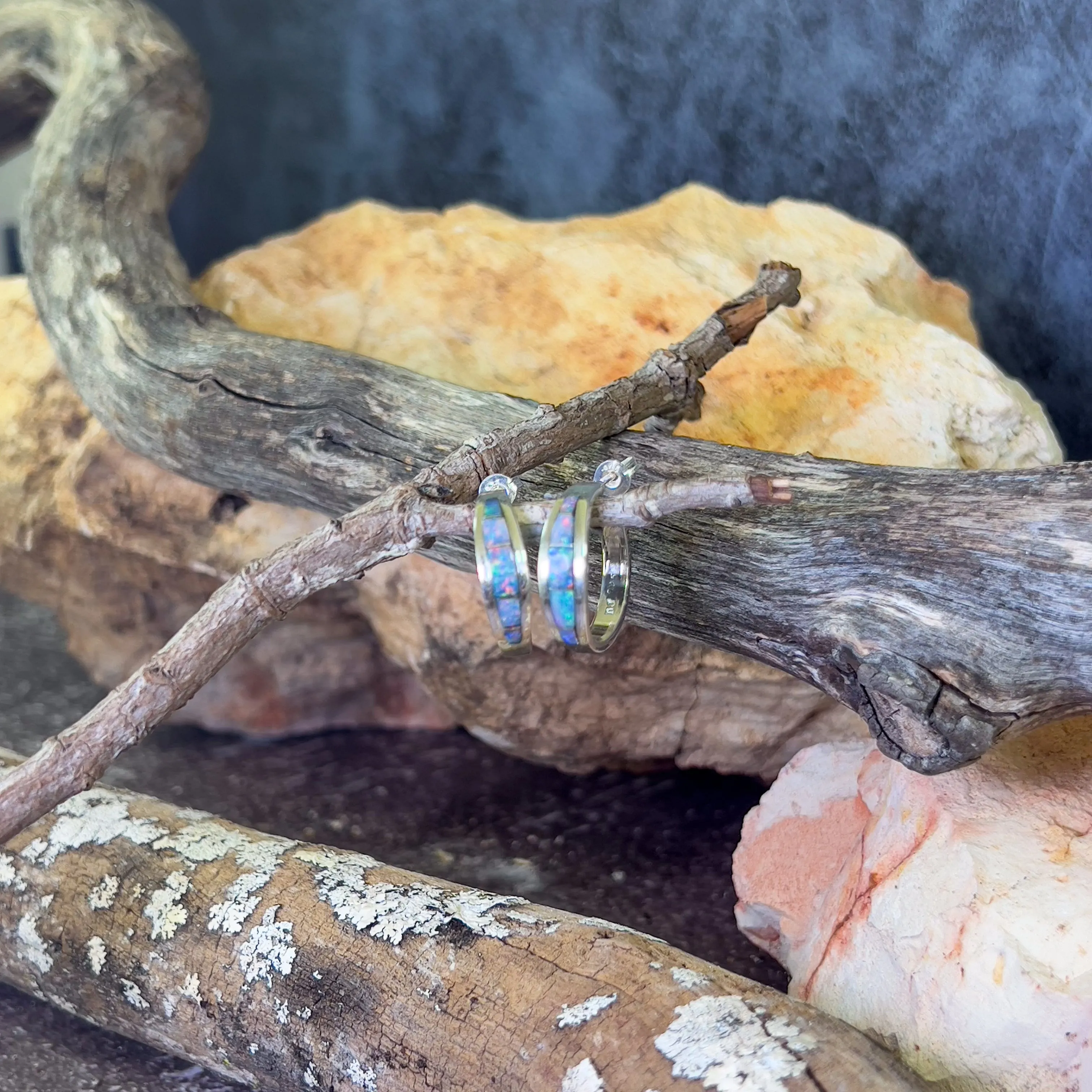 Sterling Silver Hoop style Opal inlay earrings