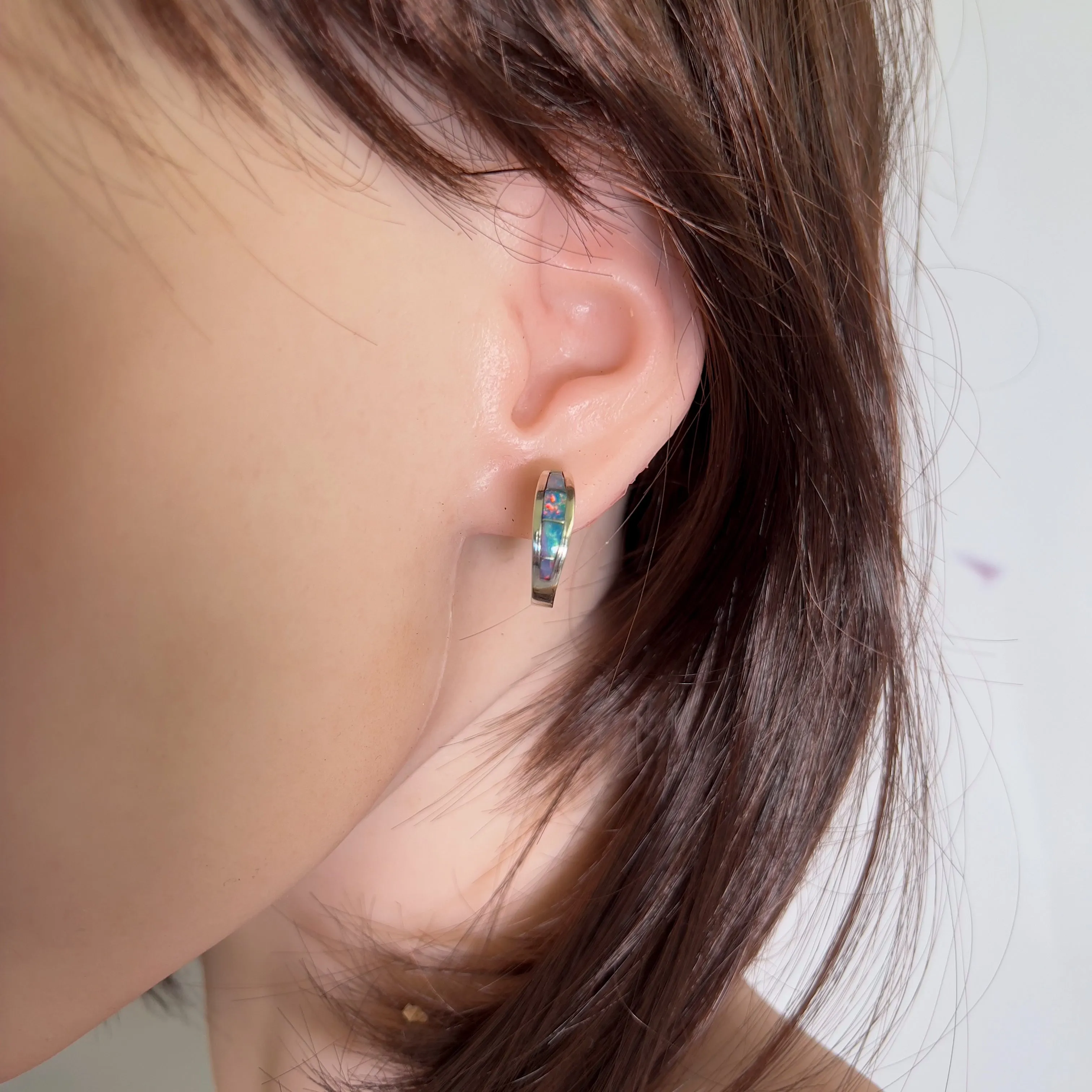 Sterling Silver Hoop style Opal inlay earrings