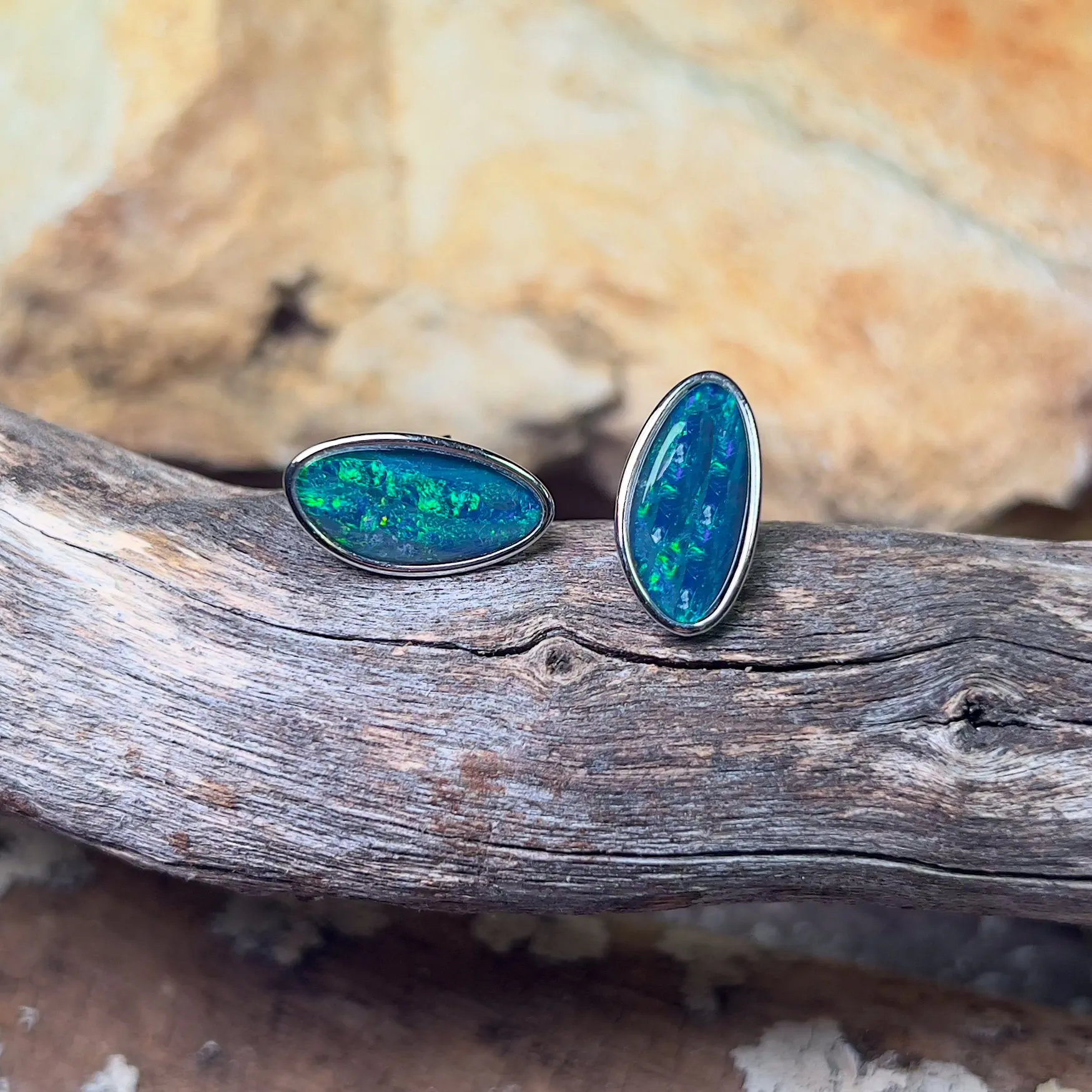 Sterling Silver Large Opal triplet stud earrings Blue Green freeform