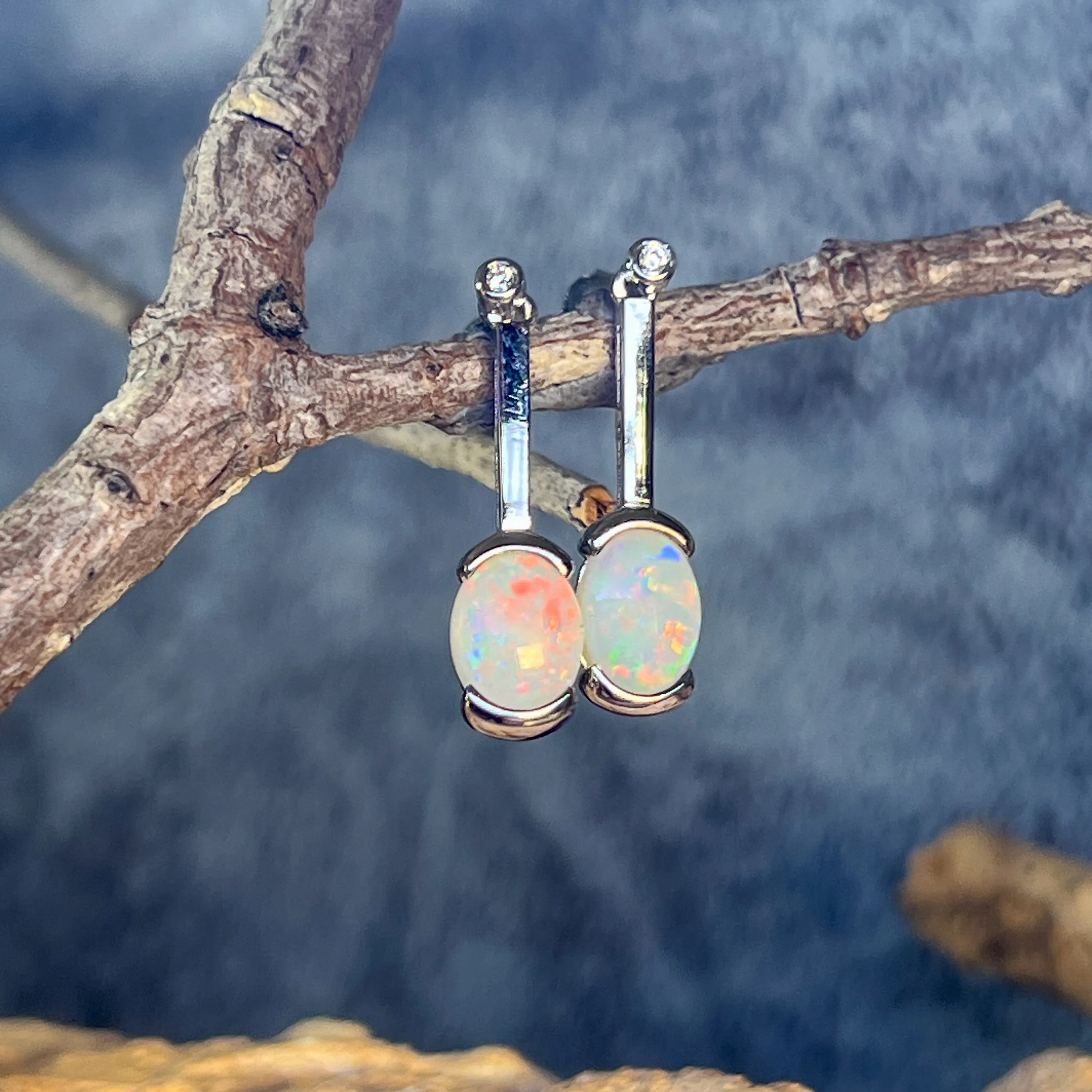 Sterling Silver Light Opal drop bar style earrings