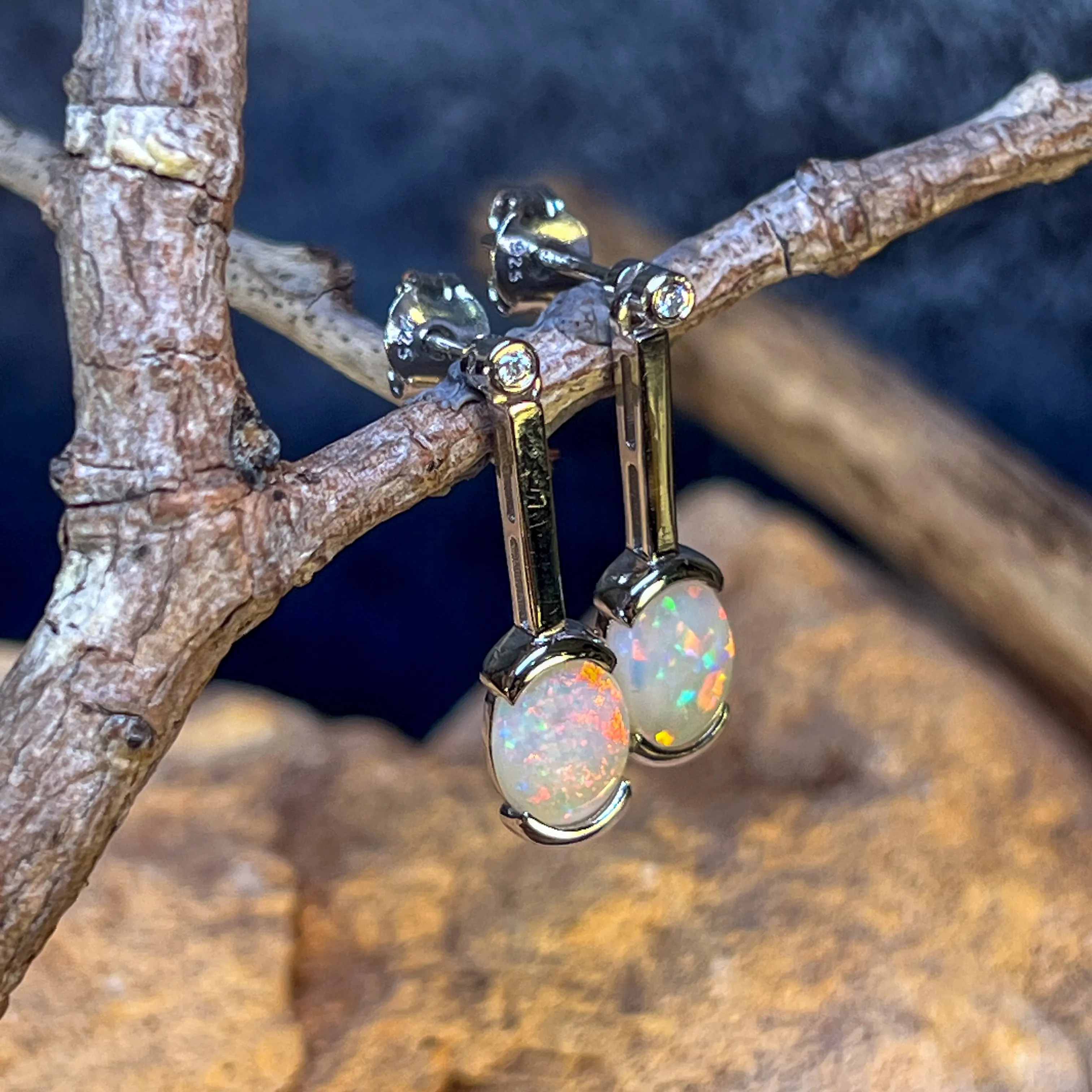 Sterling Silver Light Opal drop bar style earrings