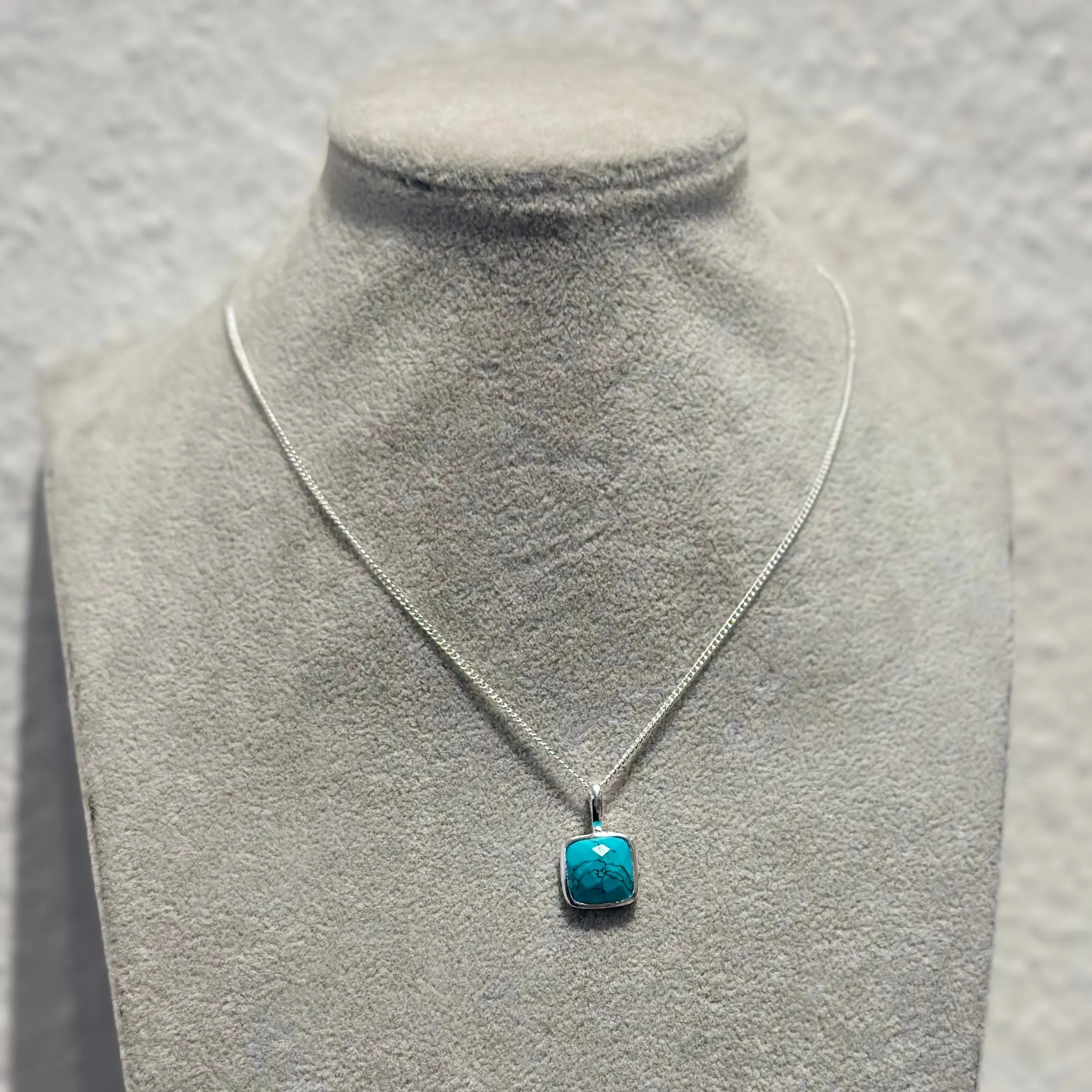 Sterling Silver Pendant Necklace with a Faceted Square Gemstone - Turquoise