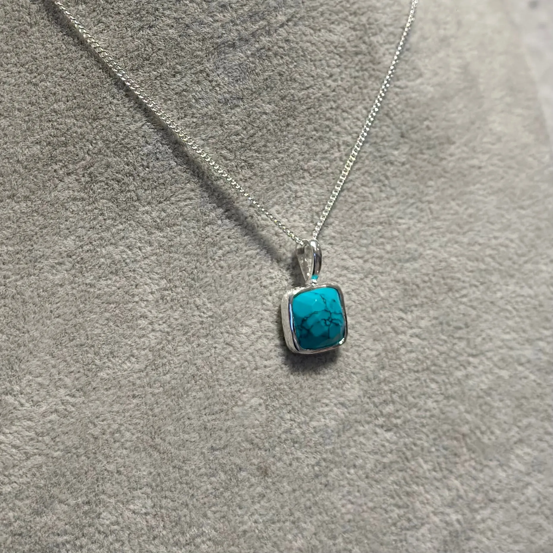 Sterling Silver Pendant Necklace with a Faceted Square Gemstone - Turquoise