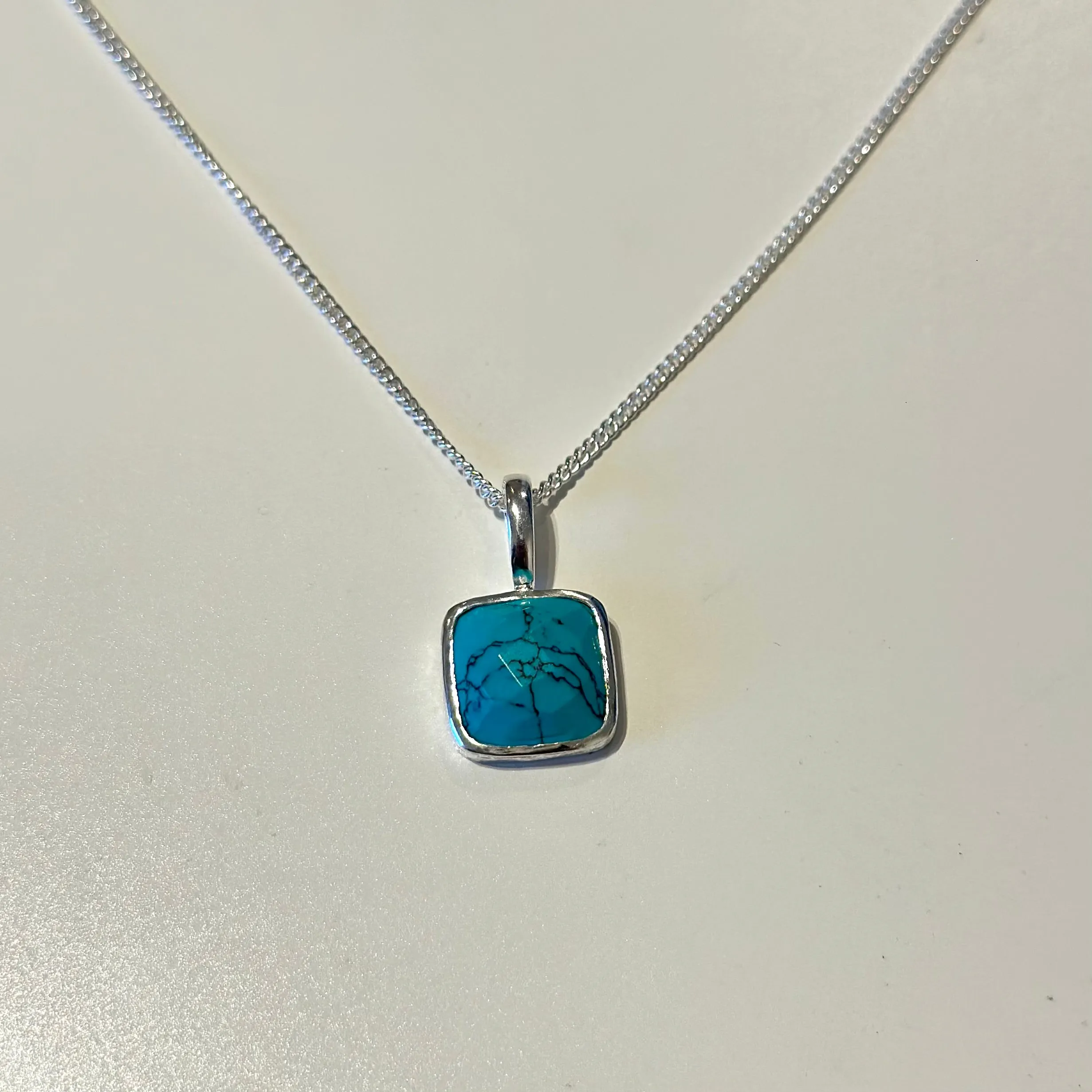 Sterling Silver Pendant Necklace with a Faceted Square Gemstone - Turquoise