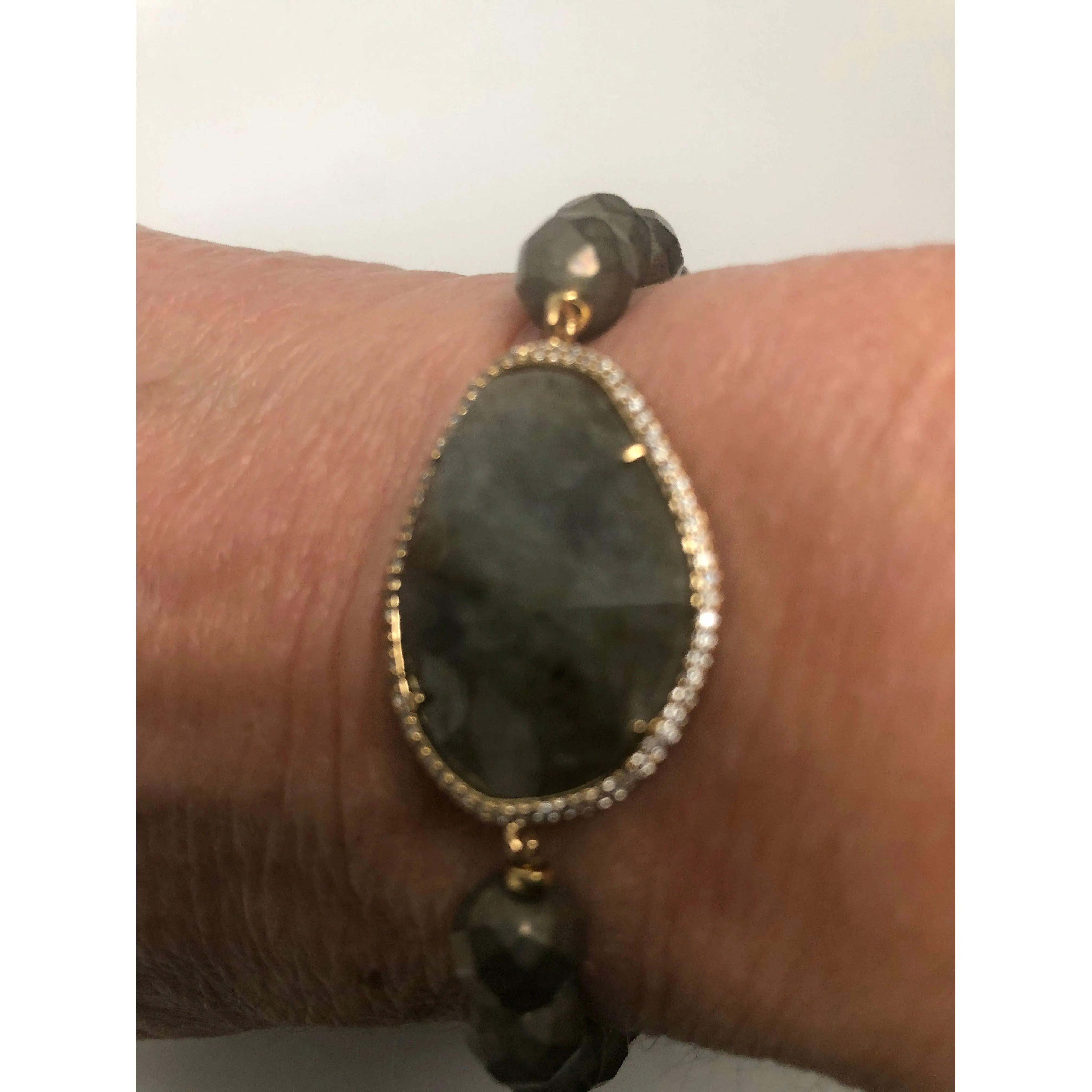 TAI Pyrite Beaded  Rock Crystal   Beaded Stretch Bracelet -Gold CZ
