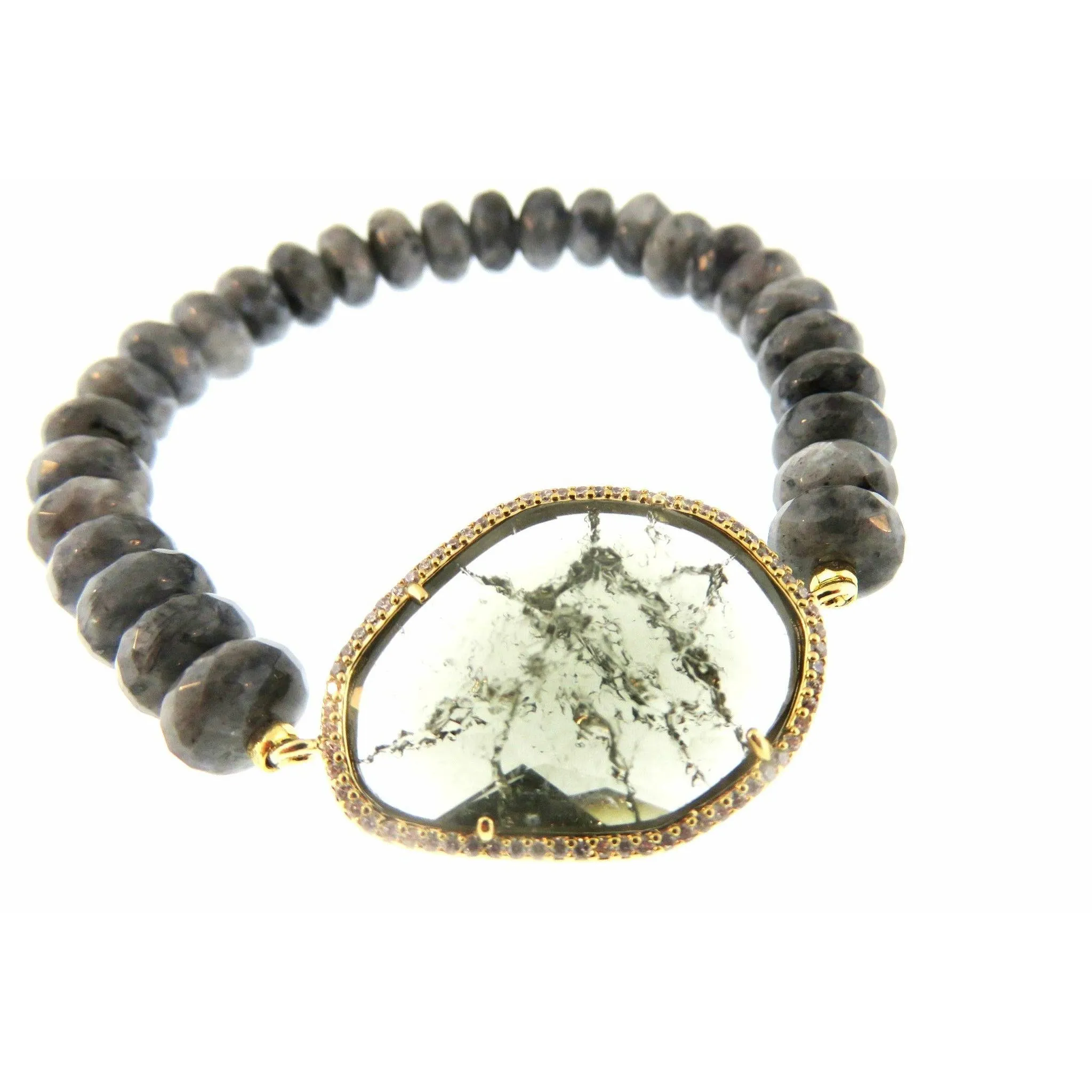 TAI Pyrite Beaded  Rock Crystal   Beaded Stretch Bracelet -Gold CZ