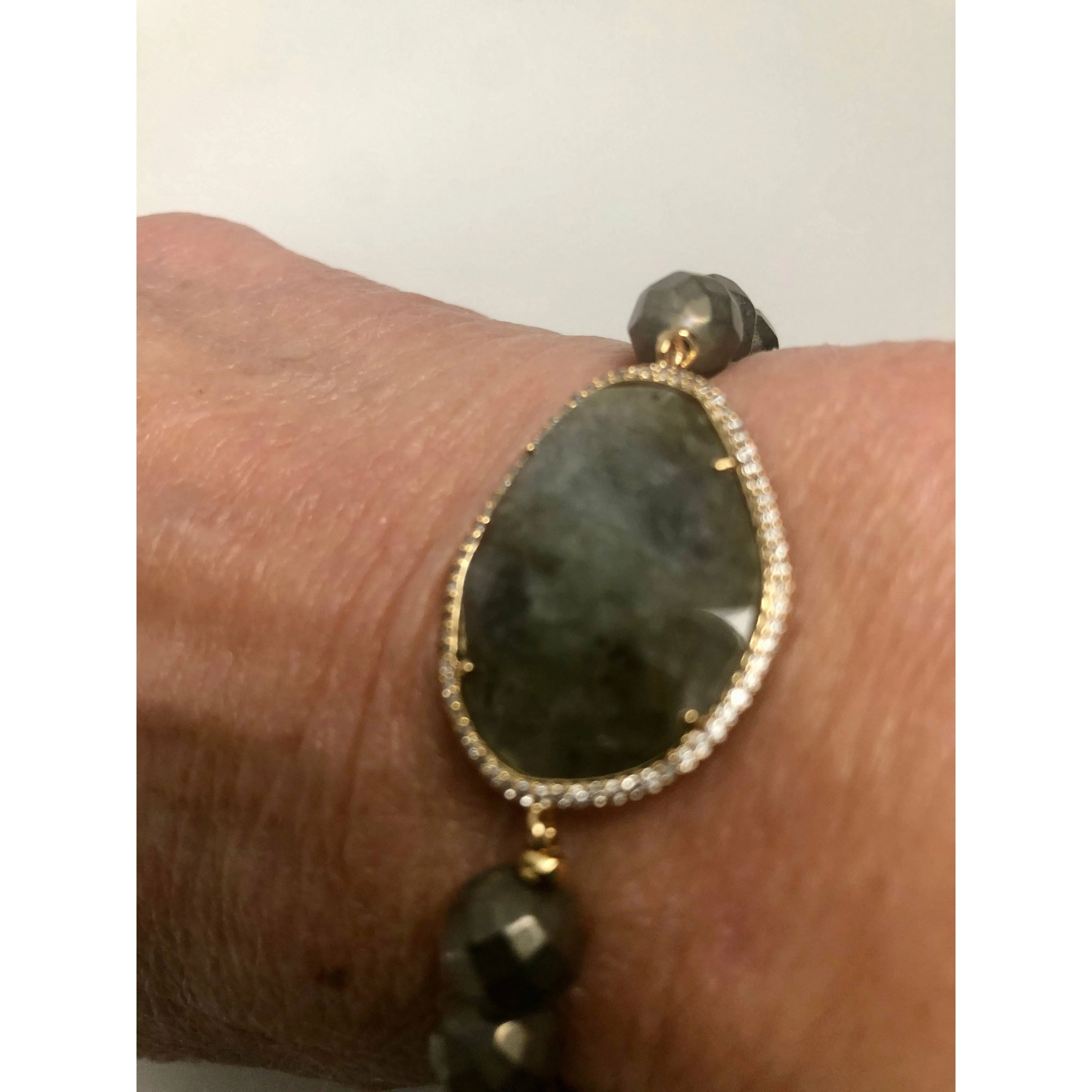 TAI Pyrite Beaded  Rock Crystal   Beaded Stretch Bracelet -Gold CZ