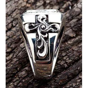 Tribal Cross Sapphire Mens Ring