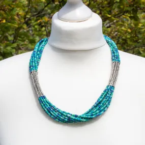 Turquoise & Silver Glass Bead Necklace