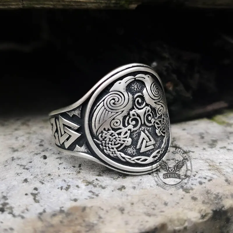 Viking Ravens Valknut Symbols Sterling Silver Ring