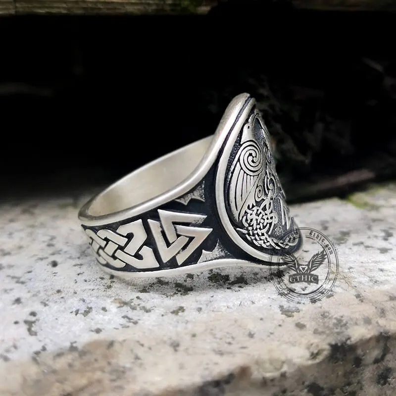 Viking Ravens Valknut Symbols Sterling Silver Ring