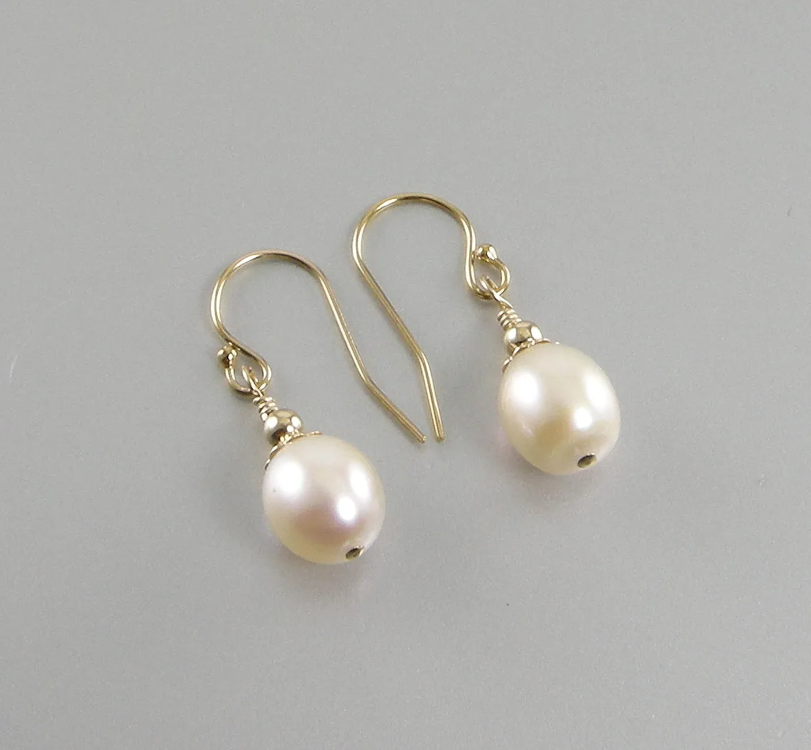 White Freshwater Teardrop Pearl Earrings, White Pearl Gold Teardrop Earrings