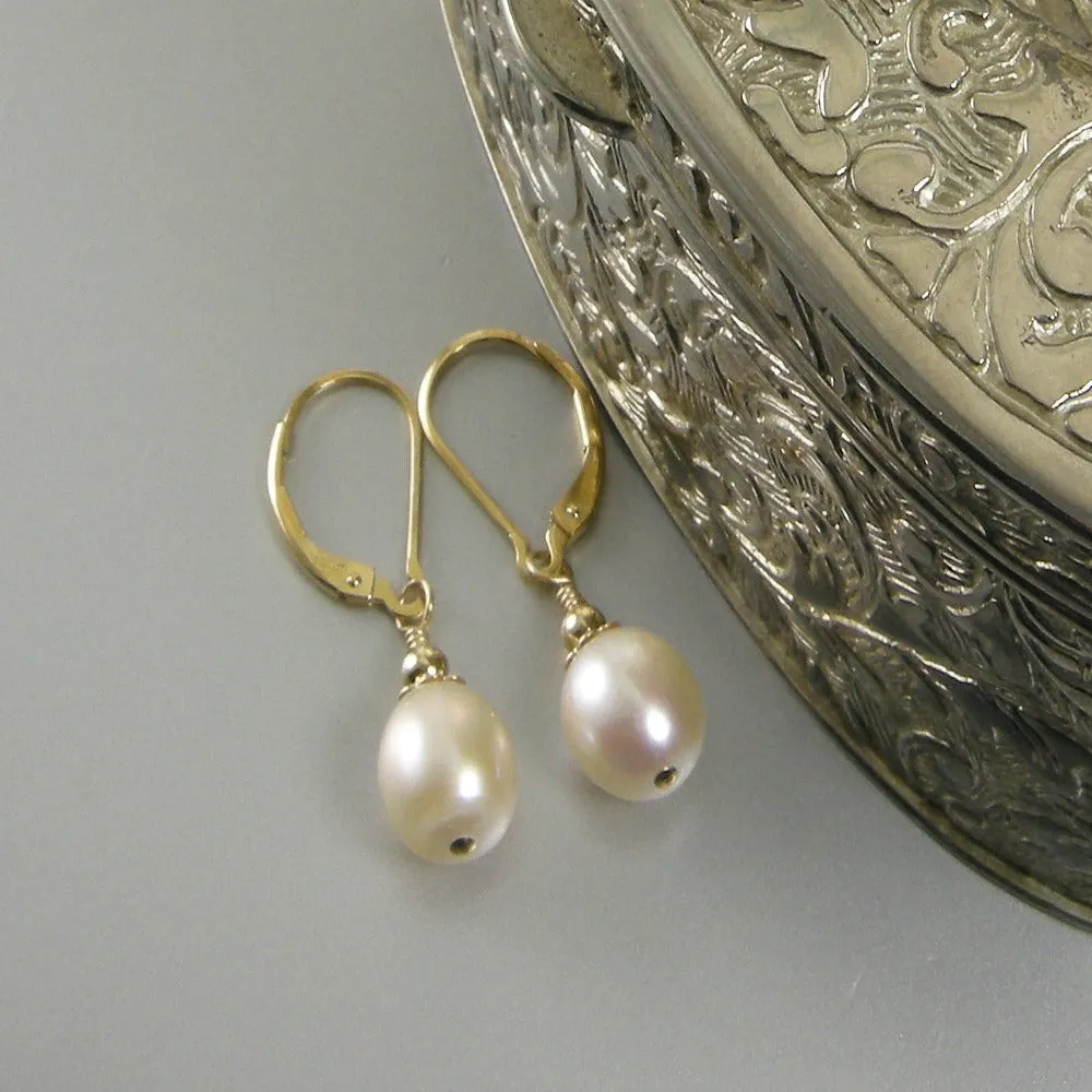 White Freshwater Teardrop Pearl Earrings, White Pearl Gold Teardrop Earrings
