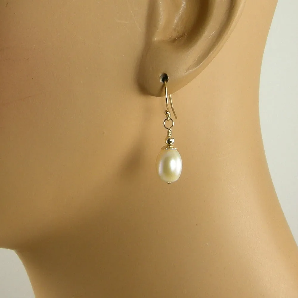 White Freshwater Teardrop Pearl Earrings, White Pearl Gold Teardrop Earrings