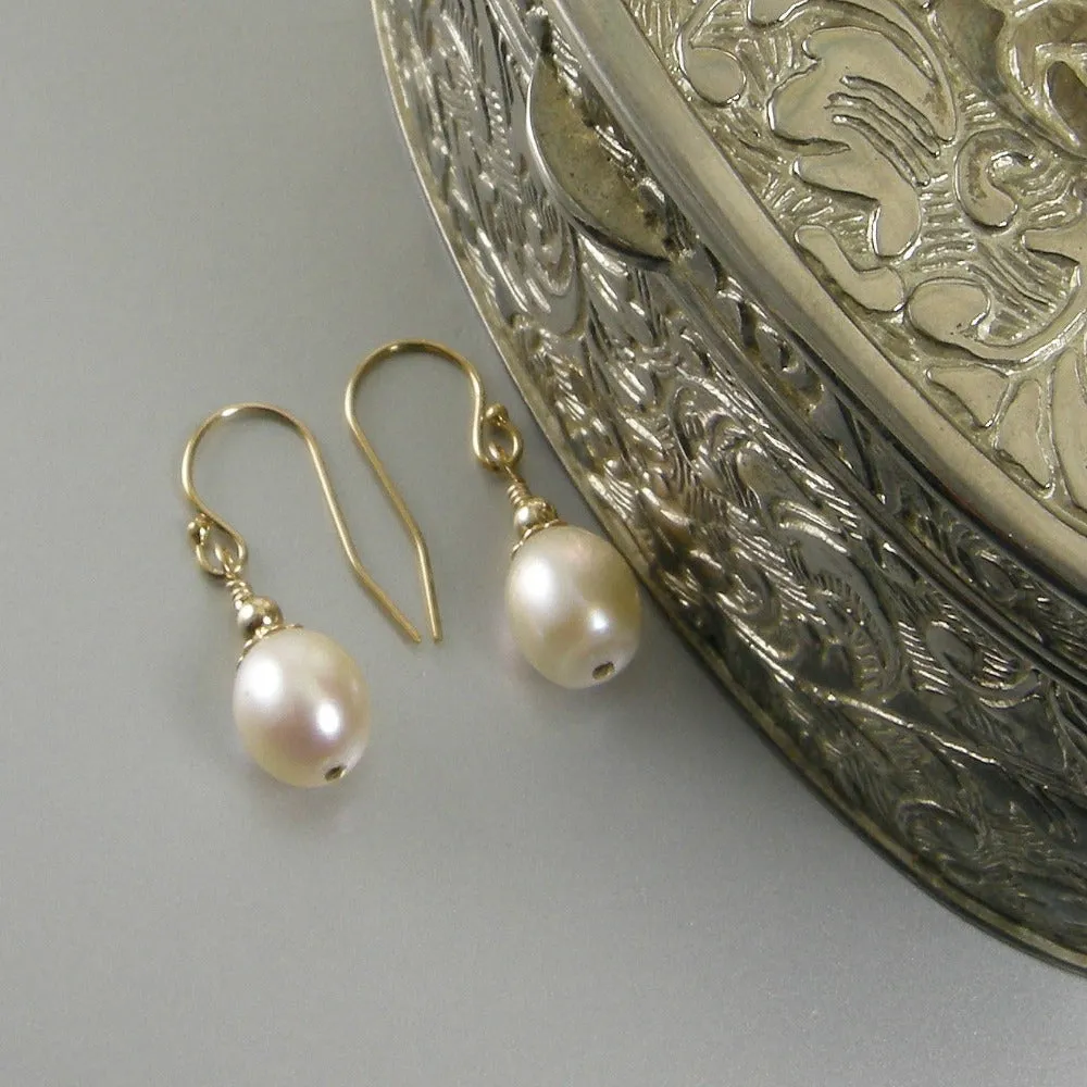 White Freshwater Teardrop Pearl Earrings, White Pearl Gold Teardrop Earrings