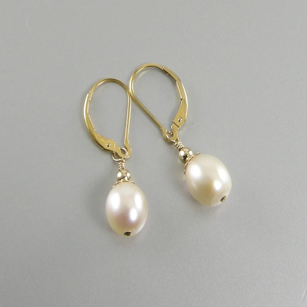White Freshwater Teardrop Pearl Earrings, White Pearl Gold Teardrop Earrings