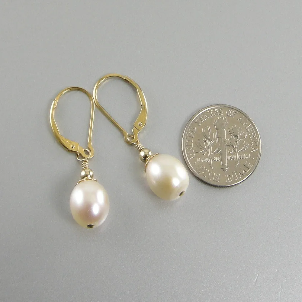 White Freshwater Teardrop Pearl Earrings, White Pearl Gold Teardrop Earrings