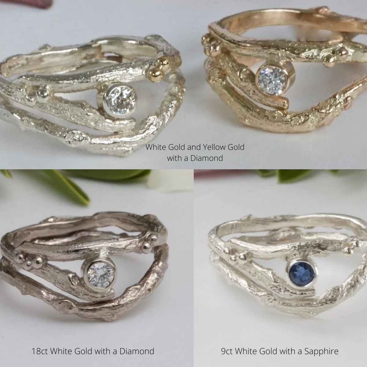 White Gold and Sapphire Twig Engagement Ring Set