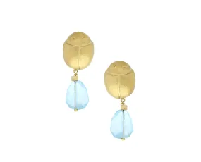 Yellow gold scarab earrings with aquamarine pendants